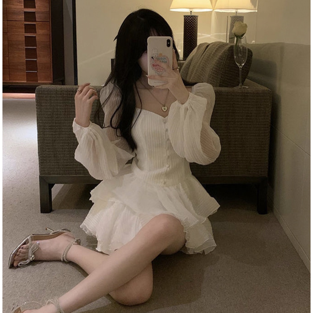 Đầm váy nữ xếp tầng tay phồng tiểu thư có lớp lót bên trong vải tơ sóng nhẹ nhàng V14 | BigBuy360 - bigbuy360.vn