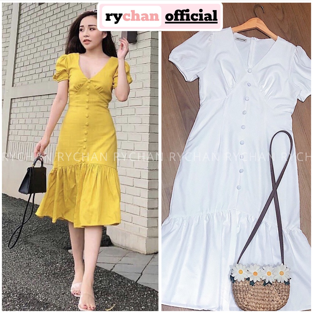 [ẢNH THẬT CUỐI] DX893 - Đầm Xòe Cổ V Nút Bọc Nhiều Màu