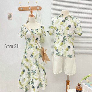 Mẫu quả dứa, Đồng phục gia đình, cty đồ đôi nam nữ nhóm, áo váy hoa quả đi biển - đủ size cho cả nhà