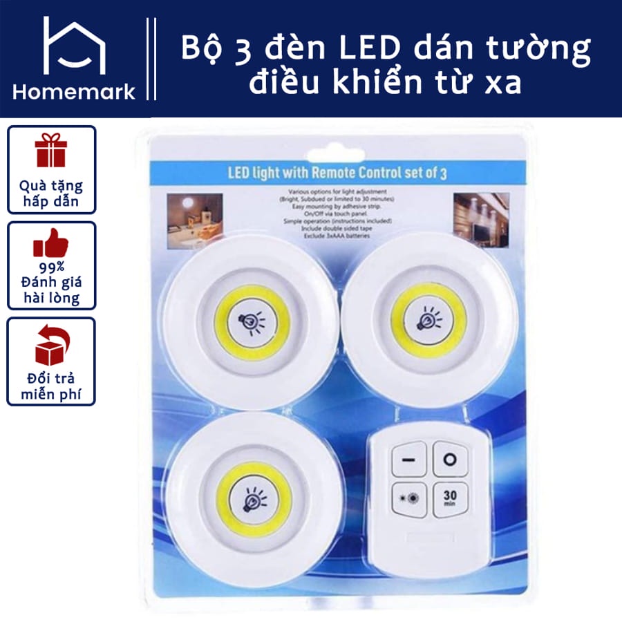Bộ 3 Đèn LED Dán Tường Điều Khiển Từ Xa, Bộ 3 Bóng Mini Thông Minh MURO Longer Light Có Chức Năng Hẹn Giờ