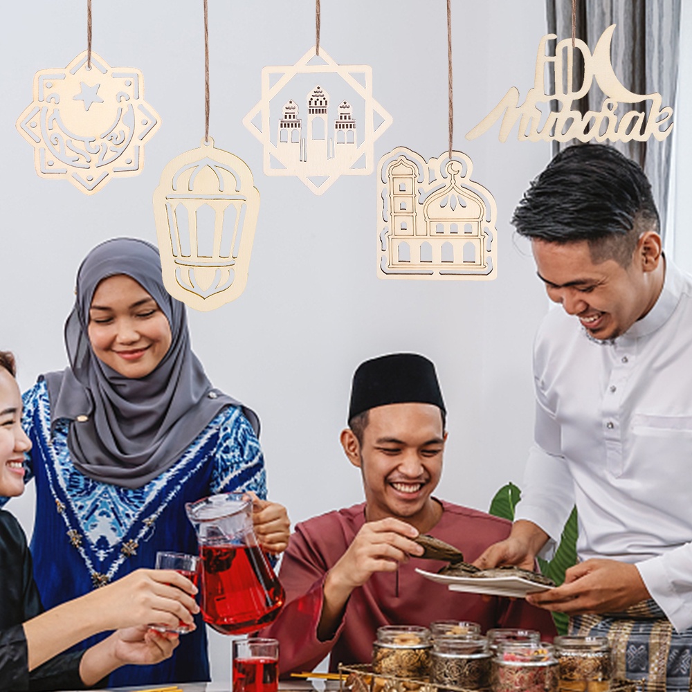 Set 10 Mặt Gỗ Rỗng Khắc Chữ Eid Mubarak Ramadan Treo Trang Trí Tiệc Hồi Giáo