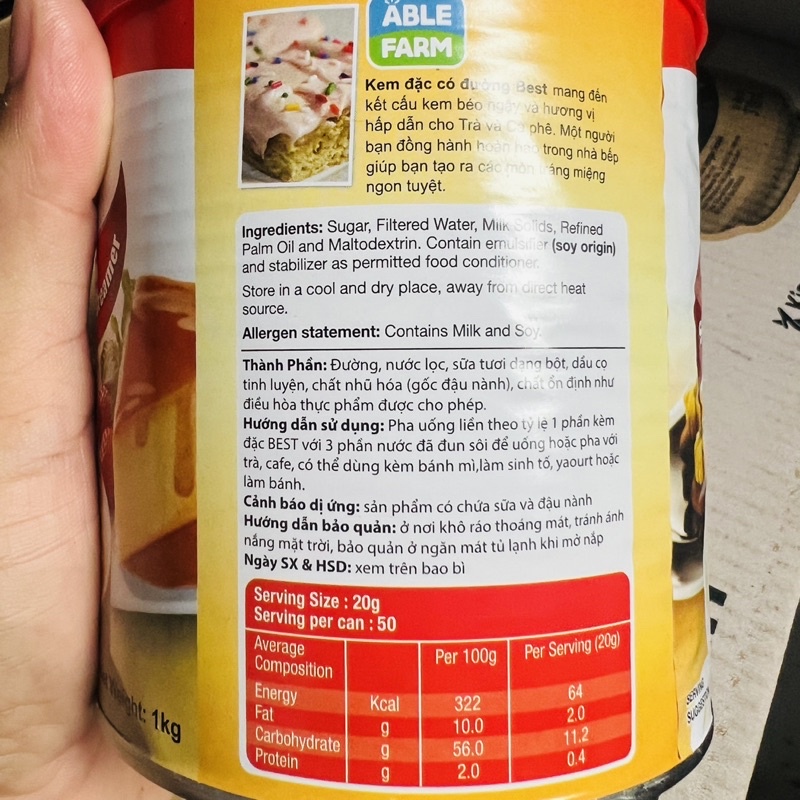 Sữa đặc có đường Malaysia Able Farm Best lon 1kg