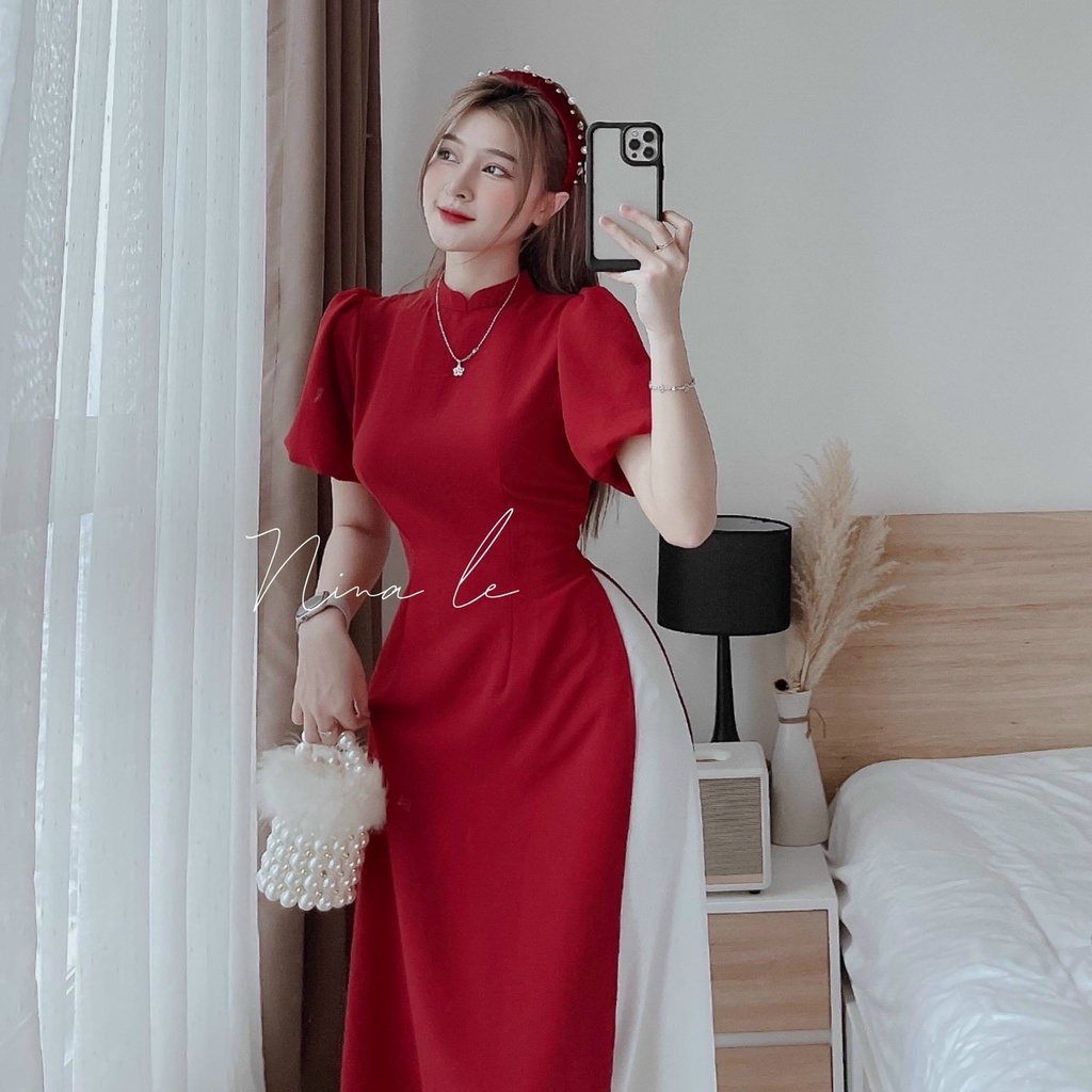 Set Áo Dài Cách Tân Tay Bồng Dáng Xinh Diện Tết Dành Cho Nữ