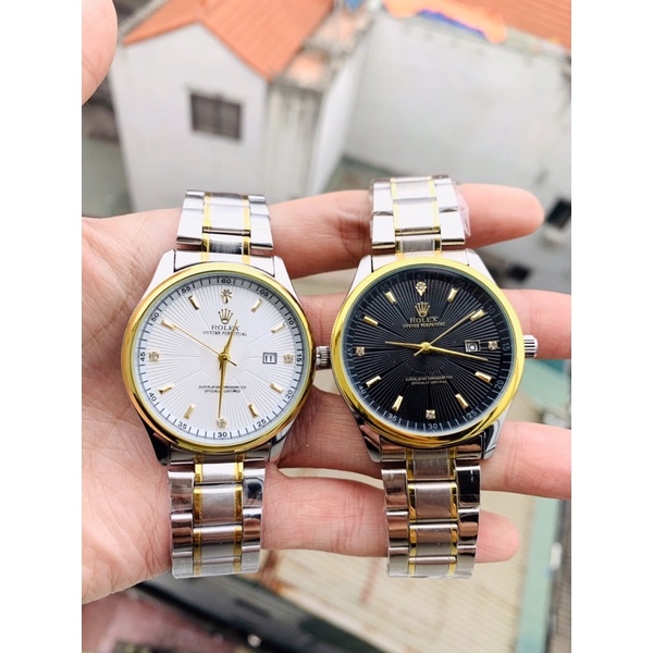 Đồng hồ nam dây kim loại, đồng hồ dây kim loại viền màu vàng roleck size 40 mặt trắng đen ocdong.store