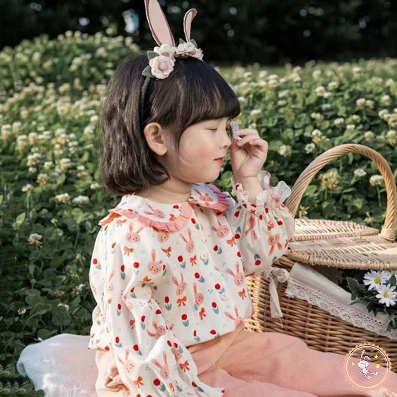 Áo Sơ Mi Tay Dài Cổ Búp Bê Họa Tiết Hoa Dễ Thương Phong Cách Hàn Quốc Cho Bé Gái