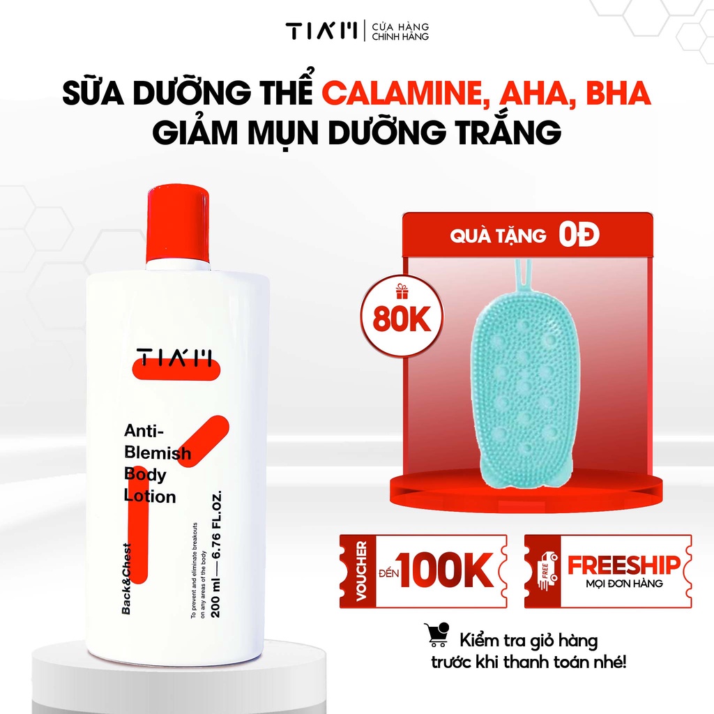 Sữa Dưỡng Thể Calamine, AHA, BHA Giảm Mụn, Dưỡng Trắng Tia'm Anti-Blemish Body Lotion 200ml