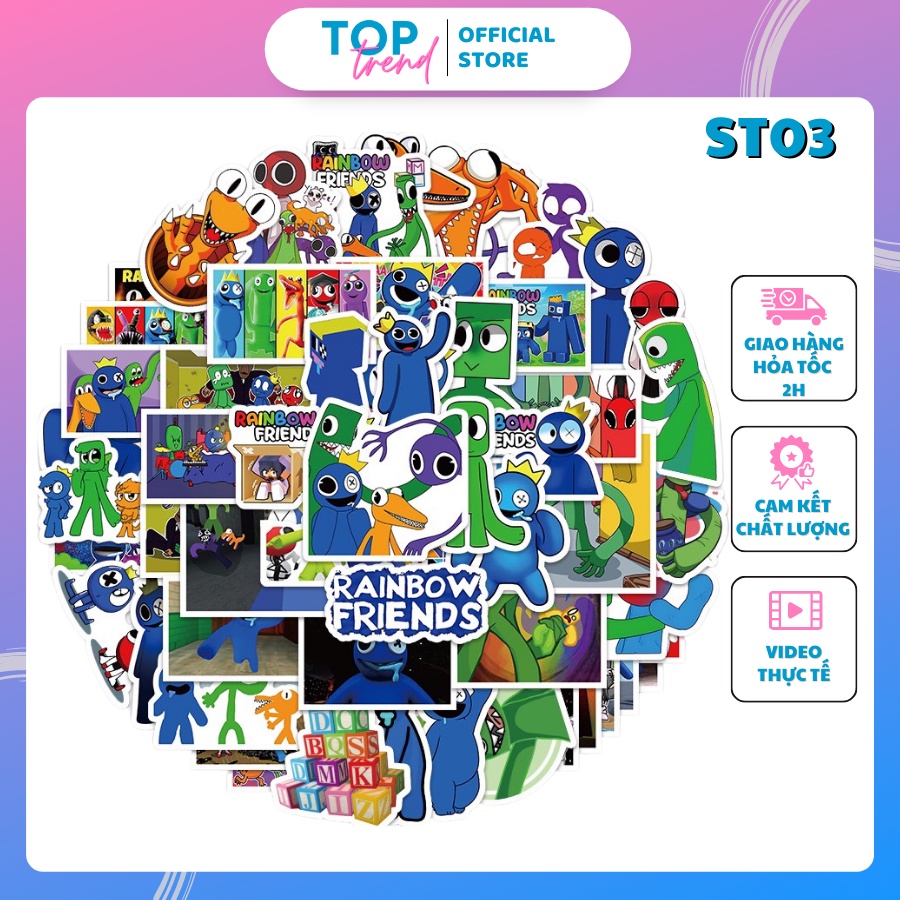 Set 10/60  Sticker Rainbow Friends chống thấm nước, miếng dán trang trí sổ, mũ bảo hiểm, điện thoại, laptop - Toptrend
