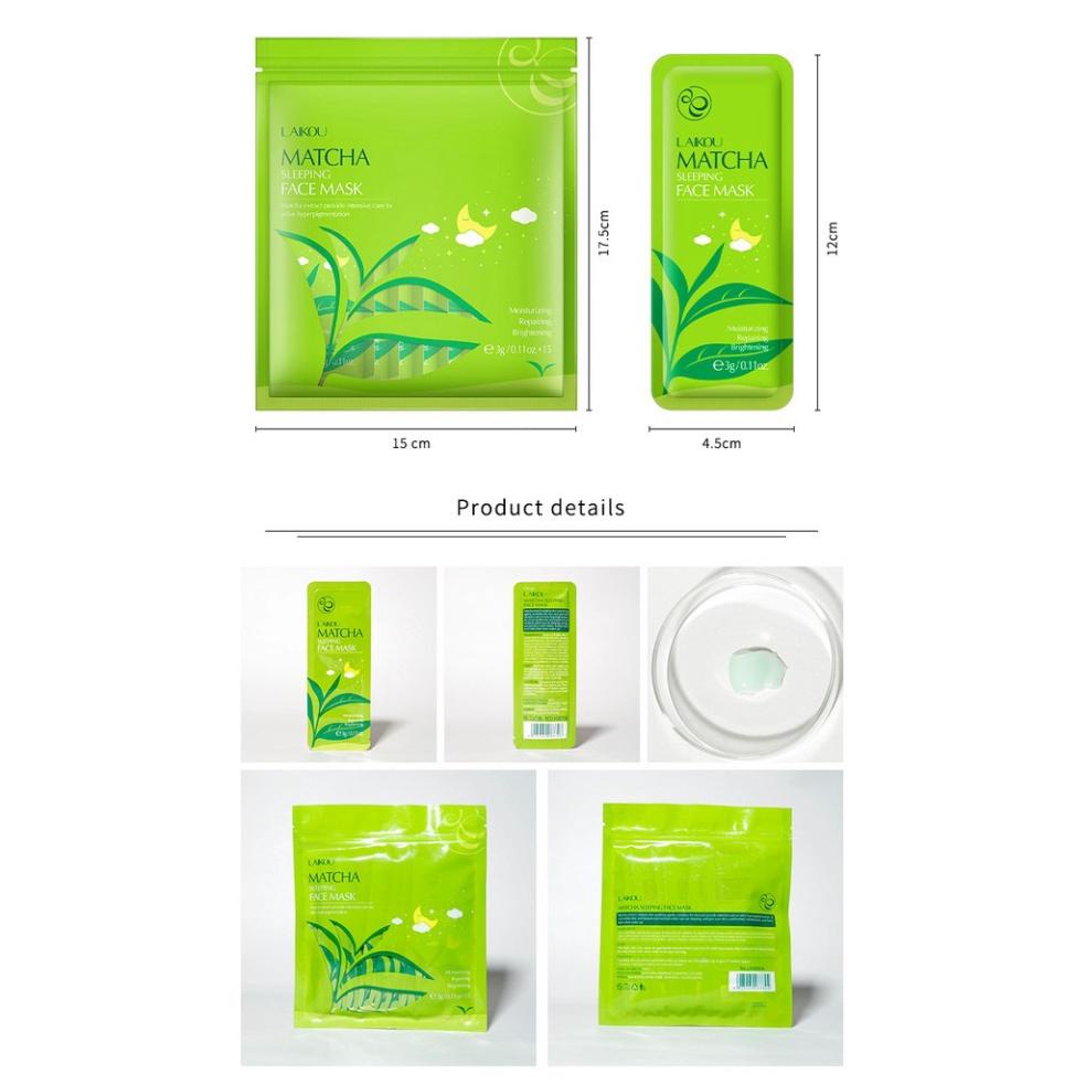Mặt nạ ngủ đất sét trà xanh Laikou, sleeping mask matcha pack 10 gói bùn non giảm mụn, ngừa thâm, se khít lỗ chân lông.