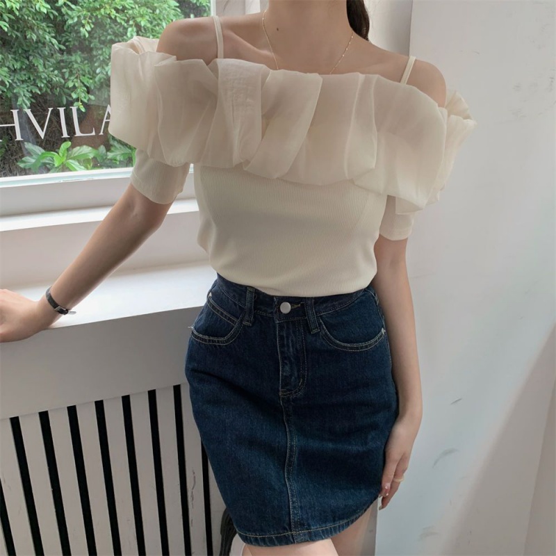 Áo dây áo bẹt vai áo trễ vai Áo Chiffon Trễ Vai Nhún Bèo Dáng Ngắn Thời Trang Cho Nữ