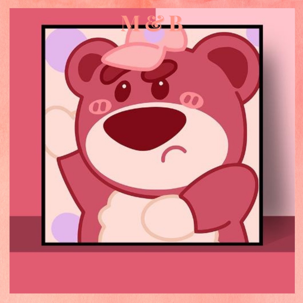 Tranh số hóa 20x20, Tranh Tô Màu gấu Lotso Strawberry bear gấu dâu hồng tặng kèm bộ màu và bút vẽ
