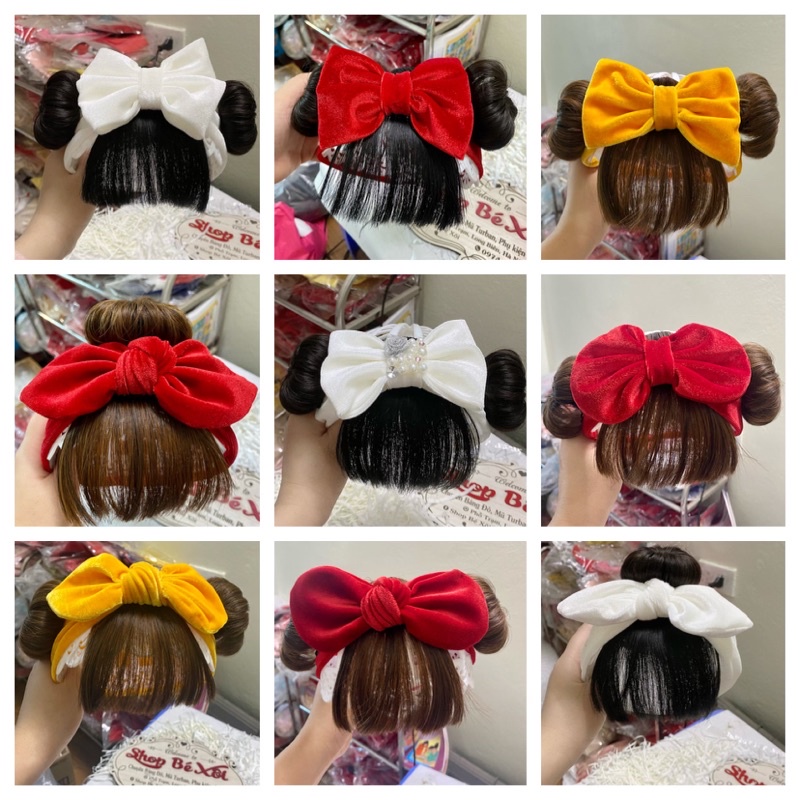 Turban tóc giả cho bé gái, turban nhung bé gái, băng đô tóc giả cho bé gái