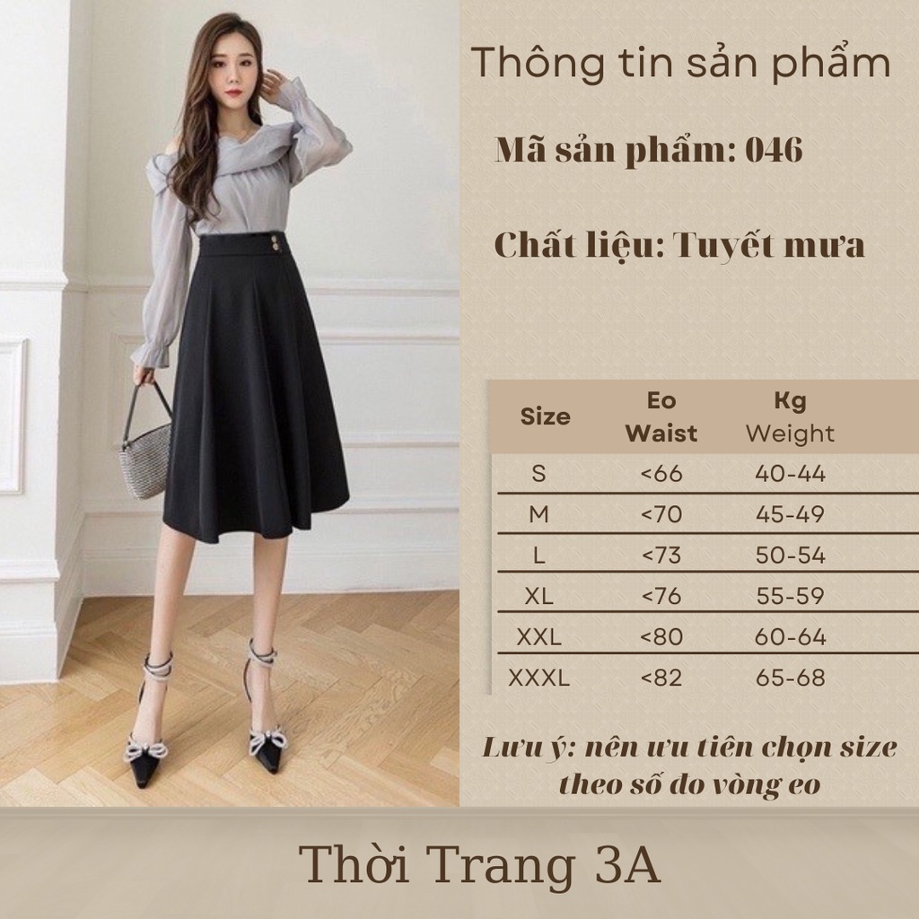 Chân váy công sở dáng dài, dáng váy midi chữ A xòe thu đông chất tuyết mưa, phối 2 cúc phong cách lịch sự, dài váy 65cm.