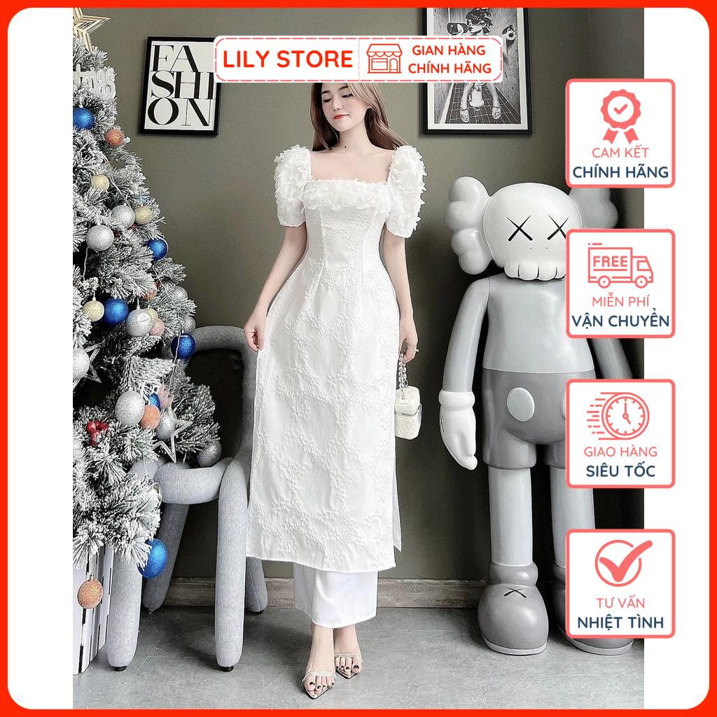 Set Áo Dài Gấm Trắng LILY STORE, Áo Dài Cách Tân Nữ Cổ Vuông Tay Đính Bướm Nổi Kèm Quần Suông Hàng Thiết Kế Đủ Size.