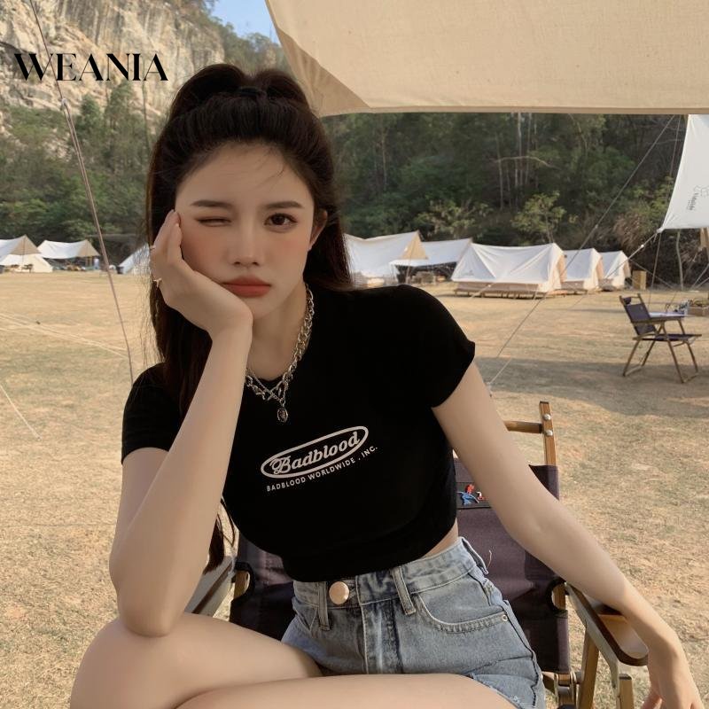 Weania Young Lady Áo Thun Crop Top Ôm Dáng In Chữ Phong Cách Hàn Quốc Cho Nữ