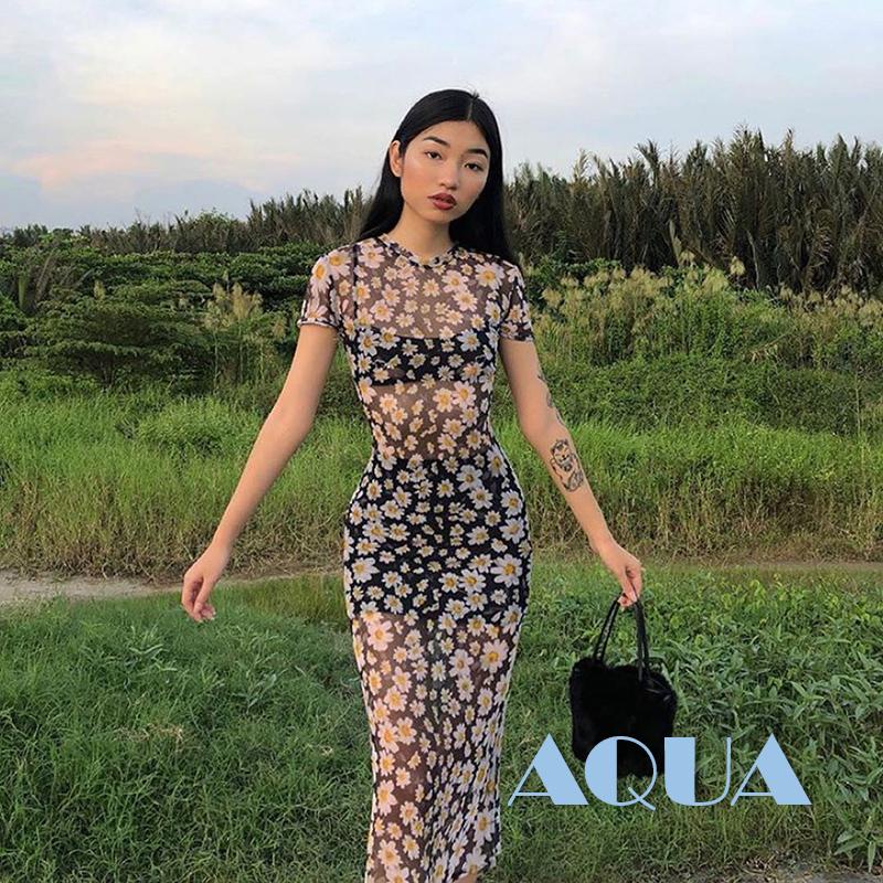 Đầm Tay Ngắn Cổ Tròn Phối Lưới Dáng Ôm In Họa Tiết Hoa Cúc Xinh Xắn Thời Trang Cho Nữ