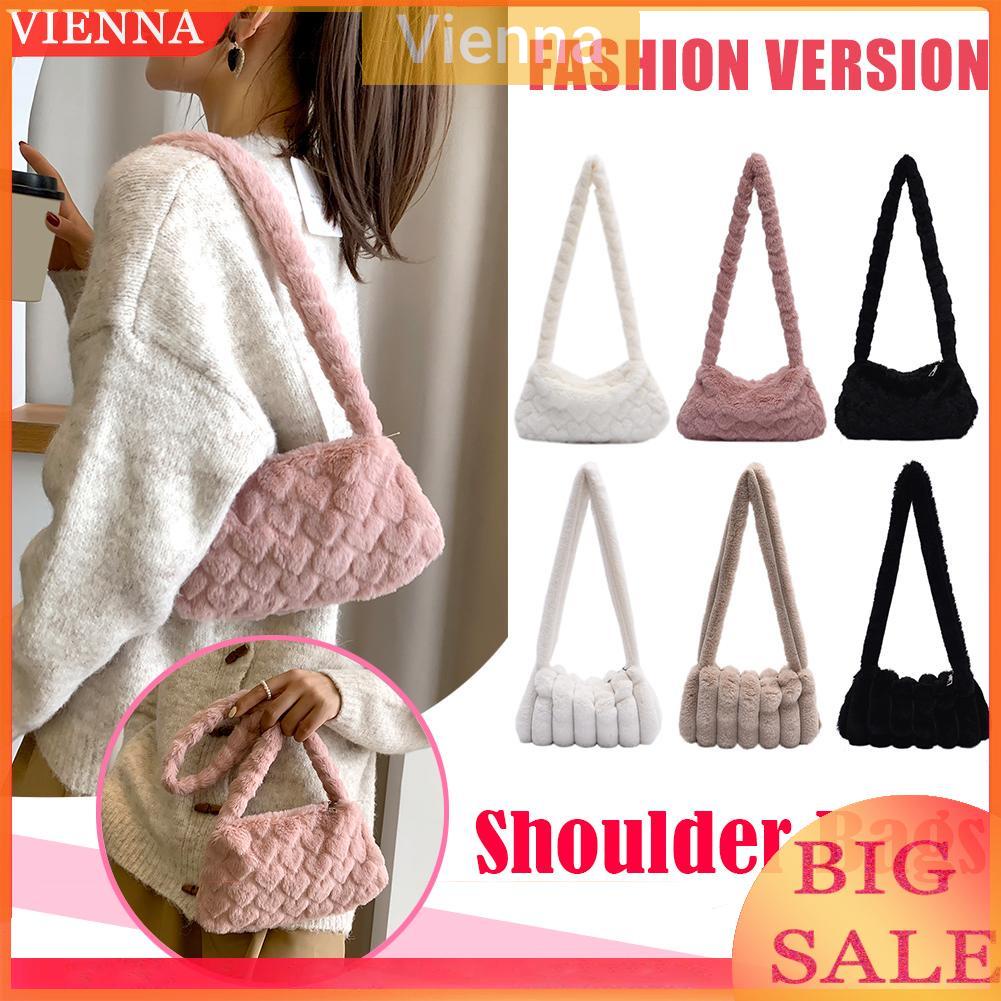 Túi xách kẹp nách vải lông mềm mại họa tiết trái tim phối khóa kéo hợp thời trang