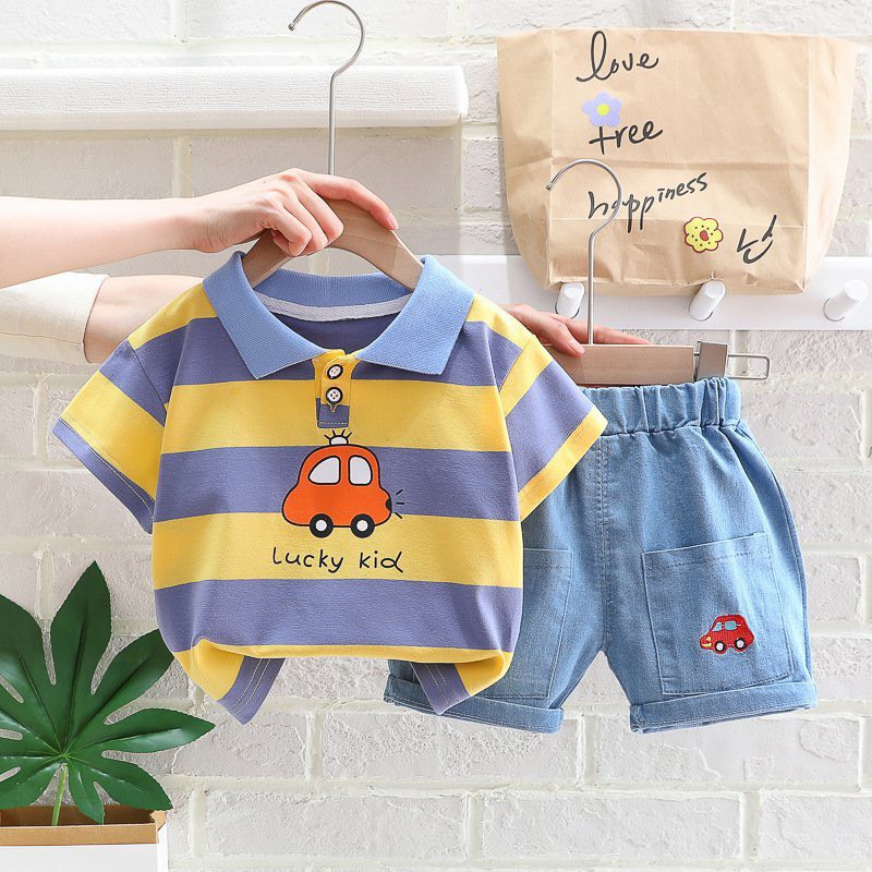 [Hàng QCCC](9-18kg) Set polo Ô tô kẻ vàng kèm quần sooc jean cho bé trai