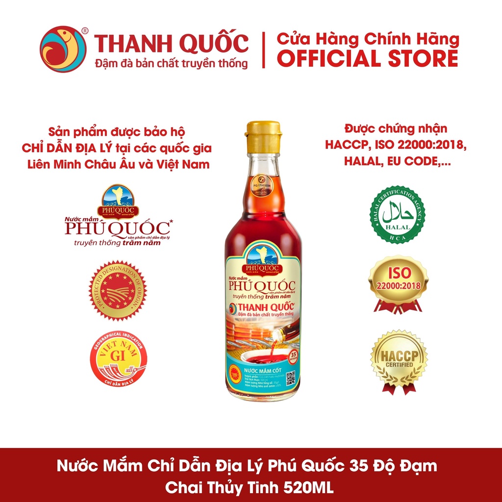 Nước mắm chỉ dẫn địa lý Phú Quốc - Thanh Quốc 35N, chai thủy tinh 520ml