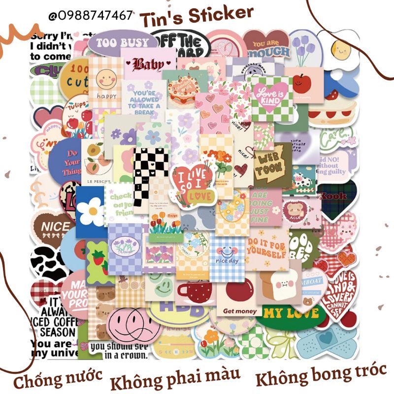 Set combo 90 miếng dán sticker pastel art dễ thương dán nón mũ bảo hiểm laptop vali sổ tay đàn guitar điện thoại tủ lạnh