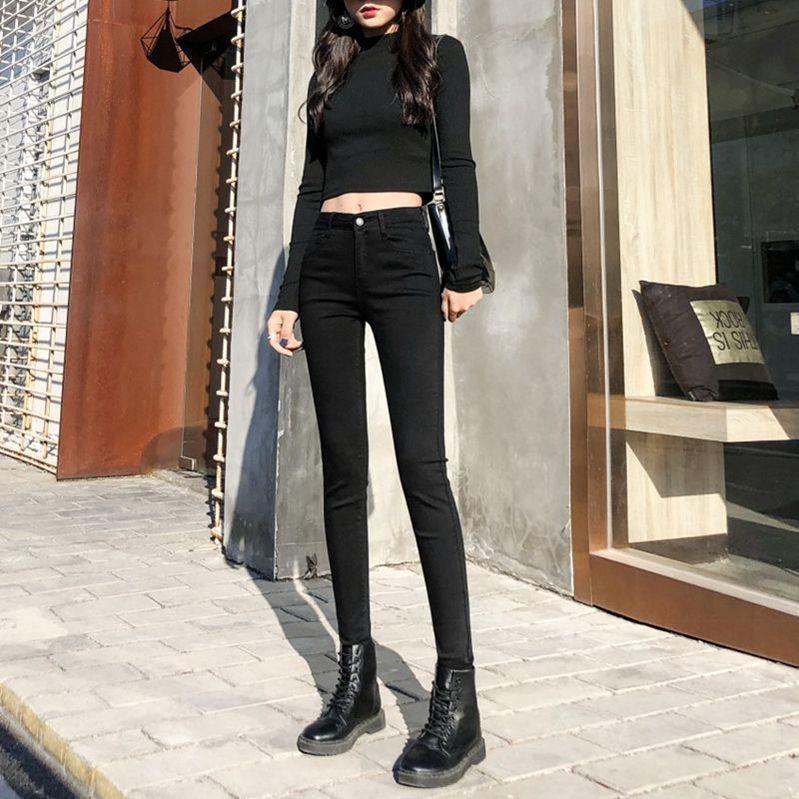 Quần Skinny Jeans Đen Lưng Cao Rách Gối Cá Tính Cho Nữ