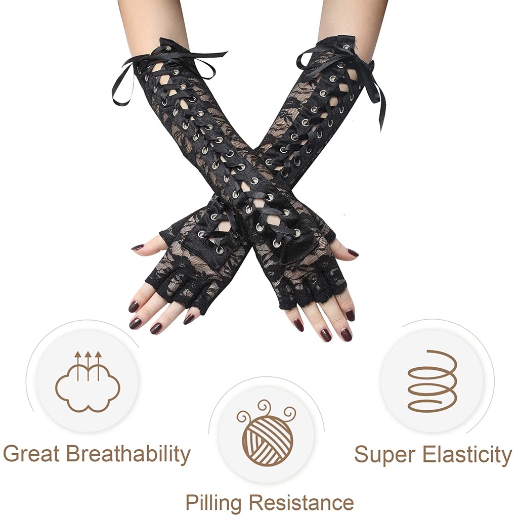 1 Đôi Găng Tay Ren Lưới Hở Ngón Màu Trắng Đen Thanh Lịch Cho Nữ