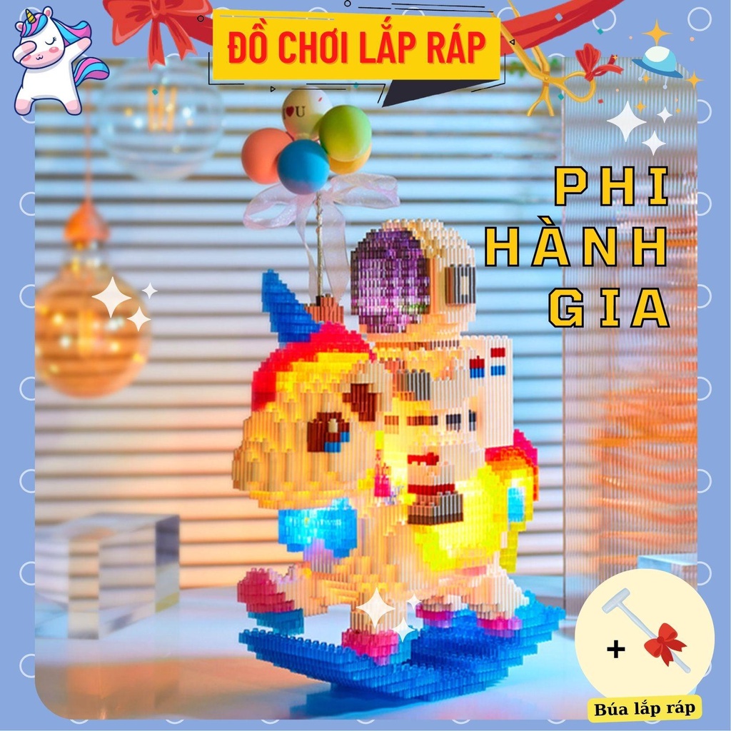 Bộ đồ chơi lắp ghép Phi hành gia Cầm bóng bay cưỡi Kì lân Unicorn, Balloon Astronaut Unicorn, tặng kèm đèn led phát sáng