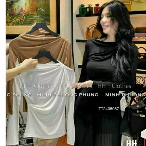 Áo thun tay dài lệch vai xếp ly eo-Chất thun nhũ cao cấp