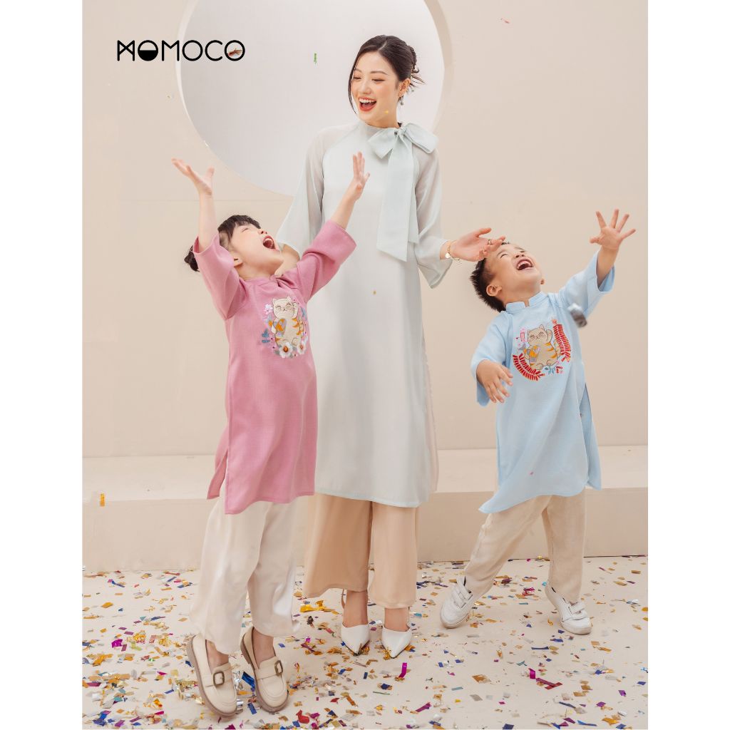 Bộ Áo Dài Tết Organza Thắt Nơ Duyên Dáng MOMOCO Chất Liệu Không Nhăn Xù Phong Cách Tiểu Thư Thanh Lịch M3046