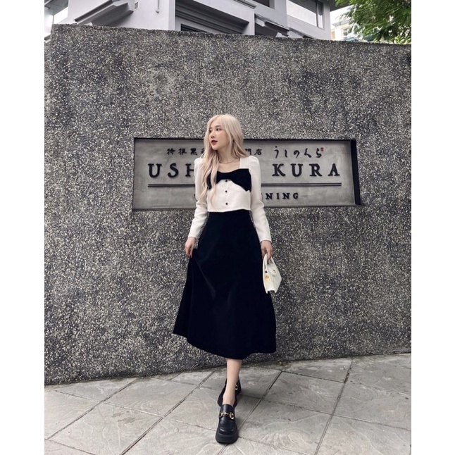 SET ÁO CROPTOP KÈM NƠ MIX CHÂN VÁY DÀI SACKNM