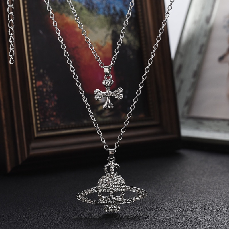 Vòng cổ Hai Lớp Mặt Hình Đầu Lâu Đính Đá Kim Cương Phong Cách Hip Hop Punk Thời Trang