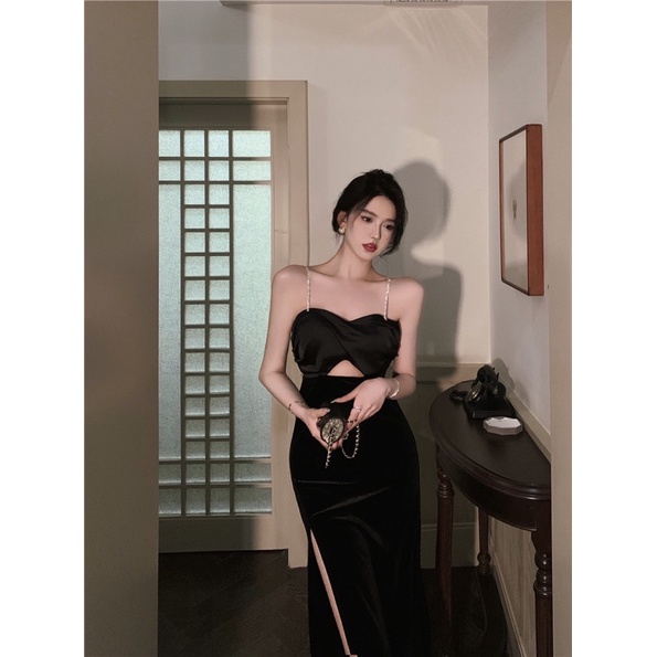 Hàng có sẵn Yona’s Đầm hai dây sexy thiết kế hở lưng xẻ tà dự tiệc phong cách Retro kèm Feelback khách xinh D5B