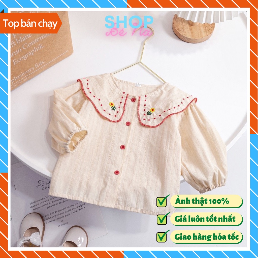 Quần áo trẻ em, áo sơ mi tay dài, áo trẻ em, kiểu cổ lá sen tay dài bo chun tạo đồ phồng xinh xắn tiểu thư cho bé gái