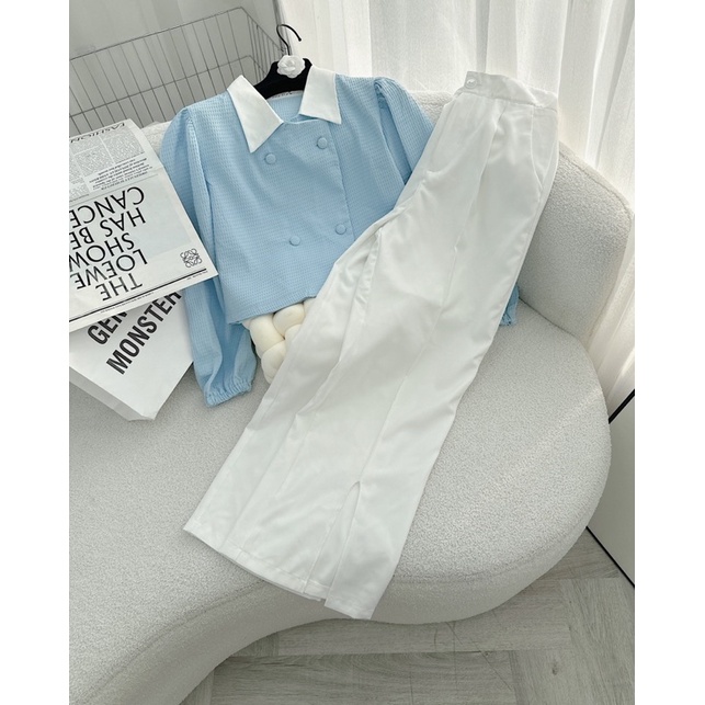 SET ÁO XANH XỐP TAY BO ĐÍNH NÚT CỔ TRẮNG + QUẦN SUÔNG TRẮNG XẺ (TH)