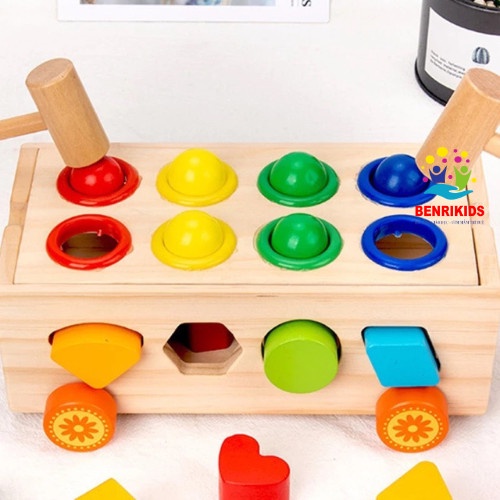 Xe Kéo Thả Hình Khối Đa Năng Kèm Đập Bóng Vui Nhộn Cho Bé, Đồ Chơi Gỗ An Toàn