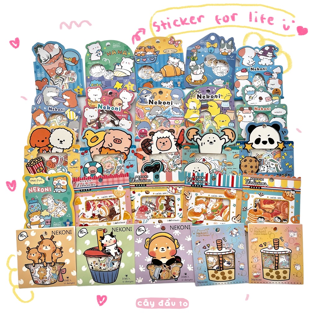 Bộ 30-36 Hình Dán Sticker Pack Trang Trí Nổi Tiếng Nekoni Đa Dạng Chủ Đề Màu Sắc Cây Đầu To