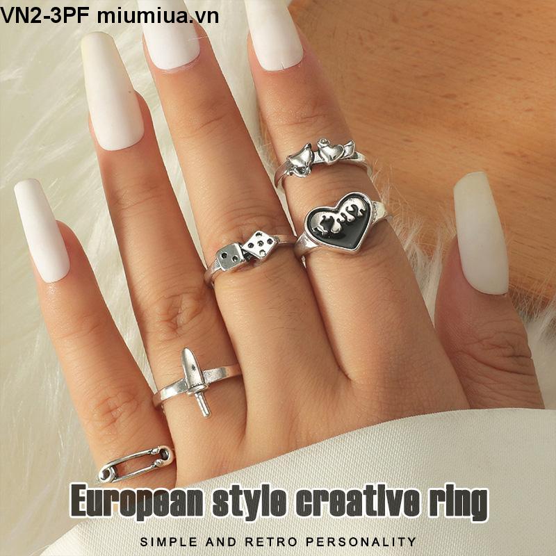 INS Nhẫn kim loại cổ điển Bộ 5 mảnh Retro cho nam và nữ