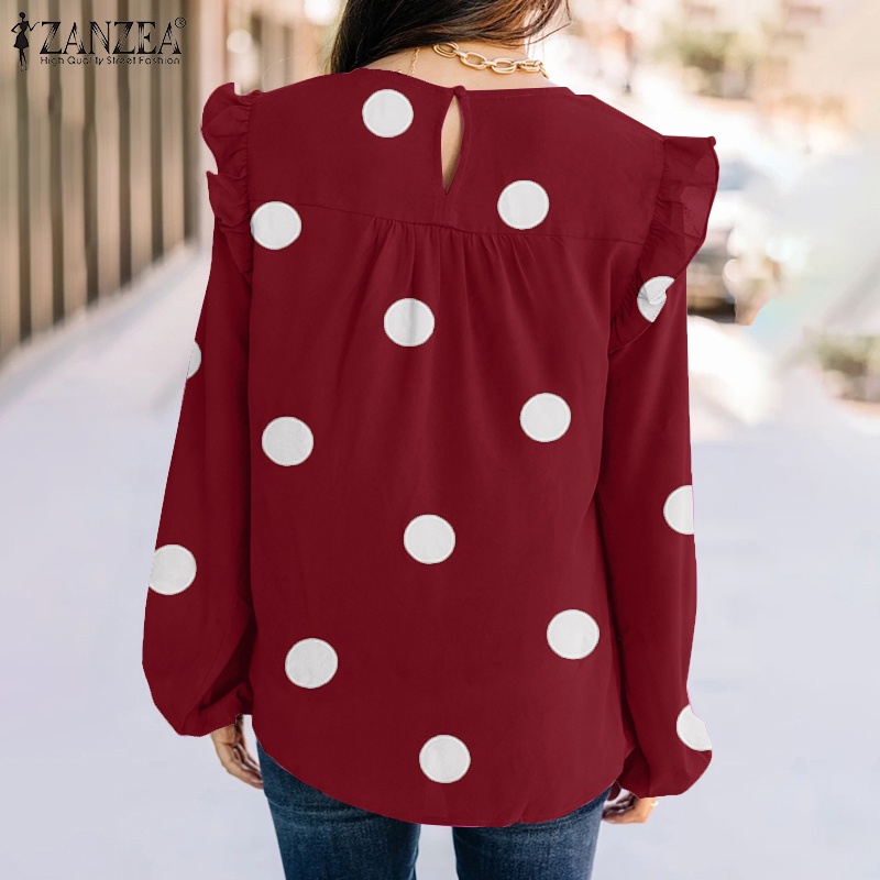 Áo kiểu ZANZEA tay dài phồng cổ tròn họa tiết chấm bi thời trang cho nữ