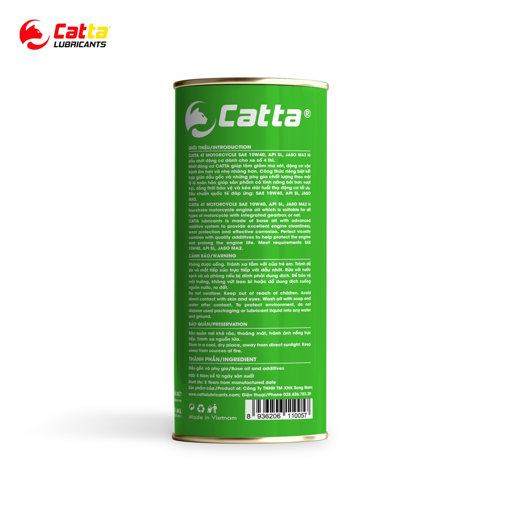 Dầu nhớt tổng hợp toàn phần 100% cho xe số CATTA JUPITER - SAE 10W40 - API SN - JASO MA2 - Lon 800mL