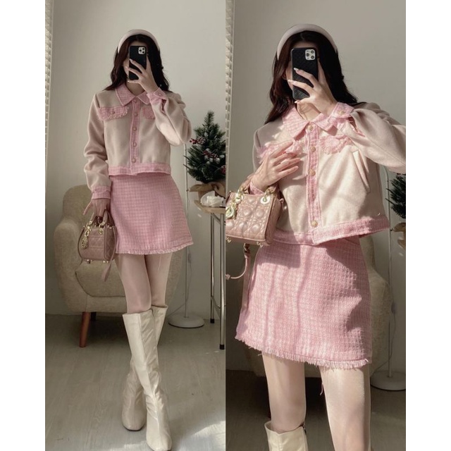Set dạ len hồng lông thỏ mịn 2 món áo khoác sơ mi croptop kèm chân váy chữ A tua rua dày dặn ulzzang tiểu thư Hàn Quốc