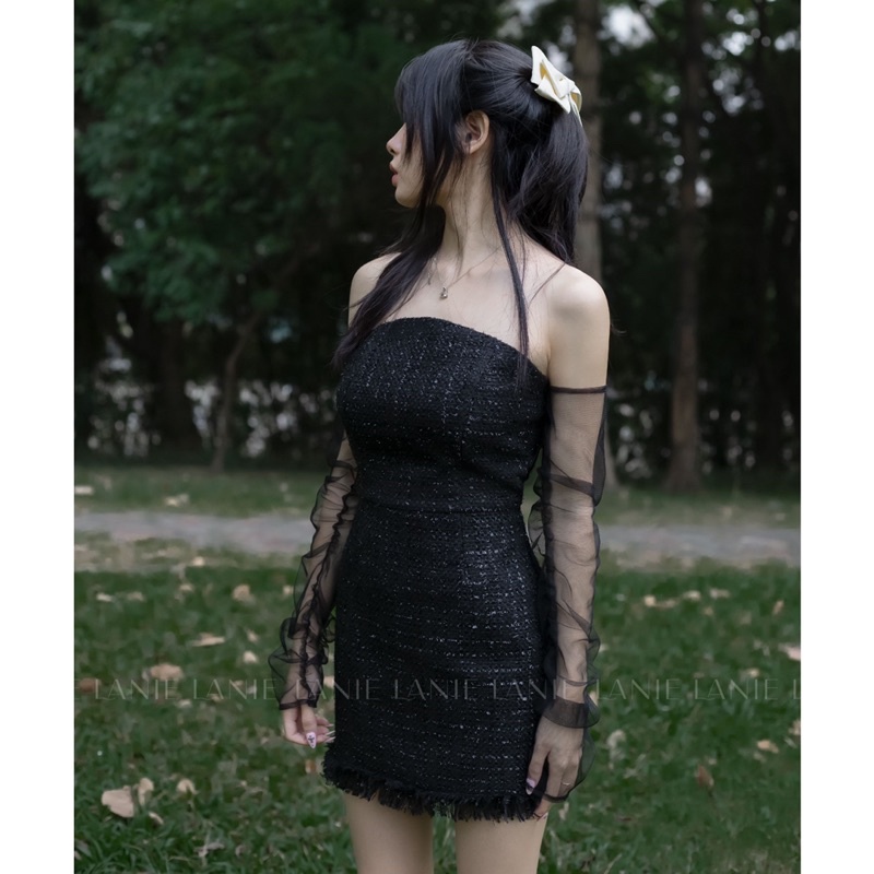 Váy ống cúp ngực ôm body dạ tweed tay phối lưới BLACK ANGEL DRESS LANIE