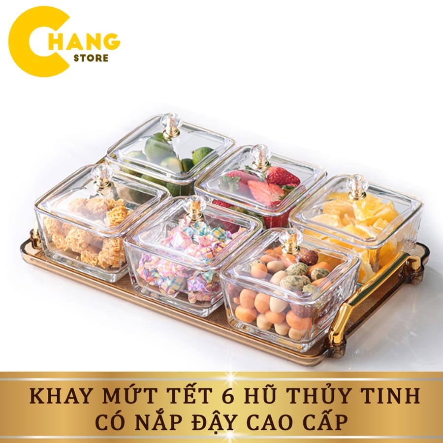 Khay Đựng Mứt Tết Thủy Tinh 6 Ngăn Đựng Bánh Kẹo, Mứt Tết, Hạt Dưa Sang Trọng, Hũ Đựng Kẹo Ngày Tết