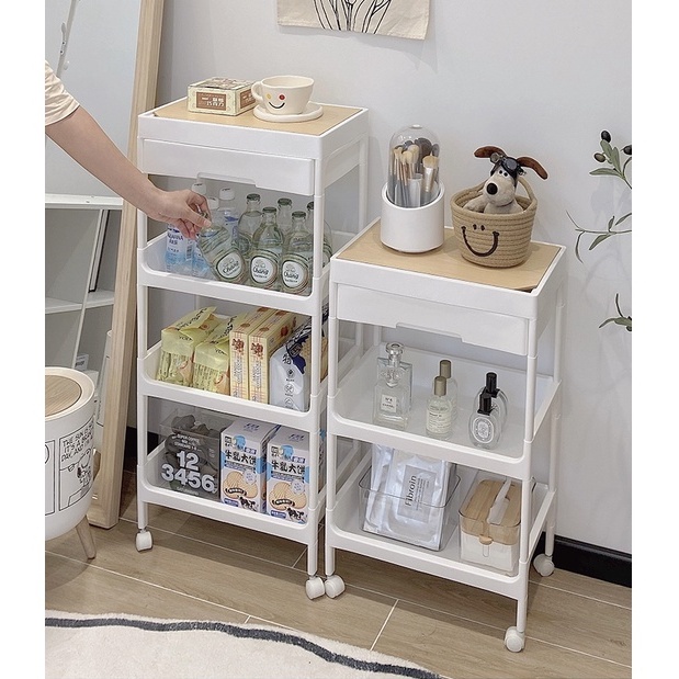 Kệ nắp gỗ đa năng có bánh xe lưu trữ đồ dùng bếp, phòng tắm, đầu giường - Xe đẩy di động giá đựng đồ ăn vặt