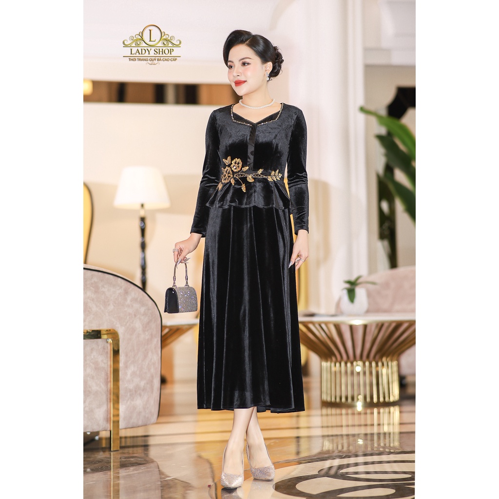 Đầm Peplum nhung phối ren kết đá Ladyshop thời trang trung niên cao cấp T70