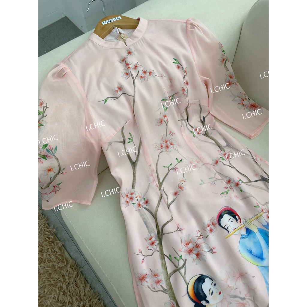 ICHIC - Áo Dài Dáng ôm Tân Xuân Hoa Đào Hồng Thiết Kế Tơ Cao Cấp