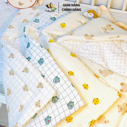 Ủ Xô Muslin Hạt Đậu Trần Bông Có Mũ Siêu Mềm, Ấm Cho Bé Sơ Sinh Hàng Chính Hãng Morry Polly Kid - MR037