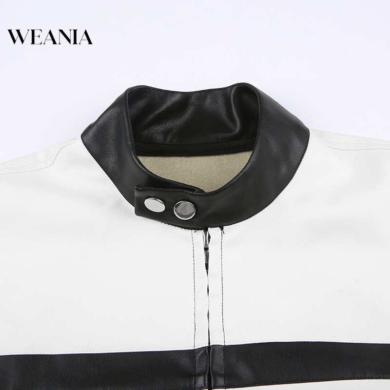 Áo Khoác Da PU Tay Dài Cổ Cao Cài Nút Phối Màu Cá Tính
