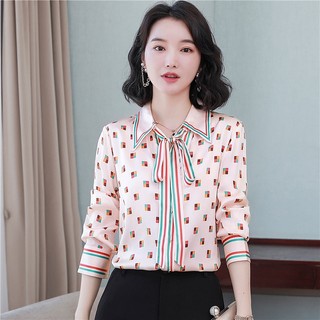 Áo Sơ Mi Lụa Mulberry Tay Dài Đính Nơ In Họa Tiết Phong Cách Mới 2023 Cho Nữ