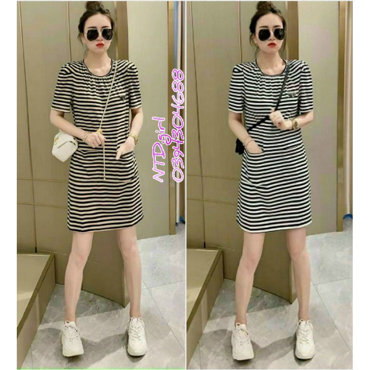 Hàng nhập - Đầm dáng suông thun cotton kẻ ngang cổ nhíu, váy xuông tay ngắn cổ tròn trẻ trung