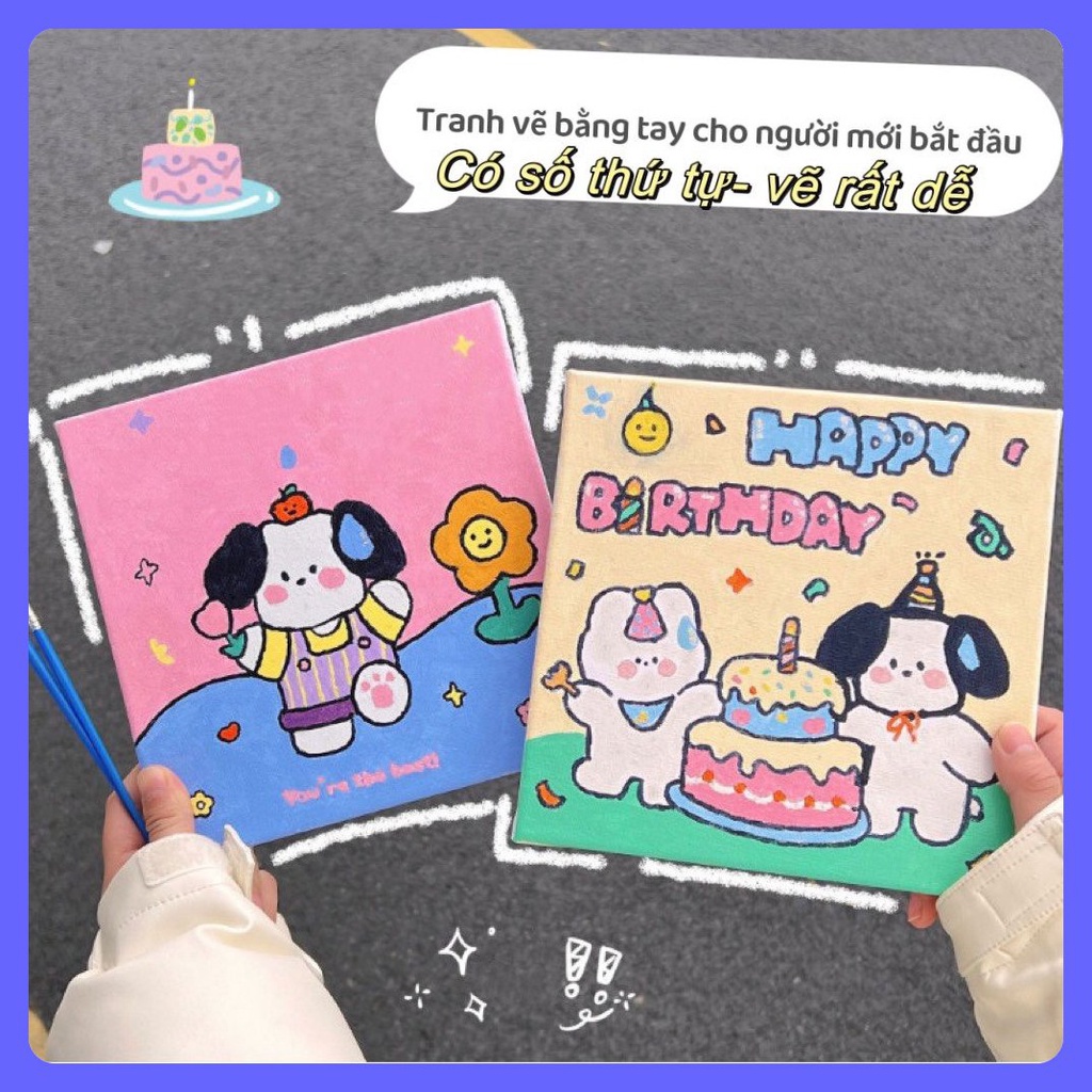 Tranh tô màu có khung treo vẽ theo số mini hình thú cưng và hoa lá cute dễ thương trang trí decor xinh cho bé học sinh