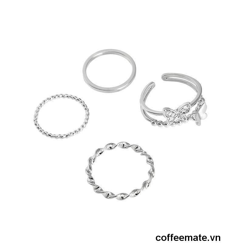 【coffeemate】⚡Bộ 4 nhẫn hợp kim một lớp và hai lớp trang trí bươm bướm phong cách Hàn Quốc thời trang cho nữ